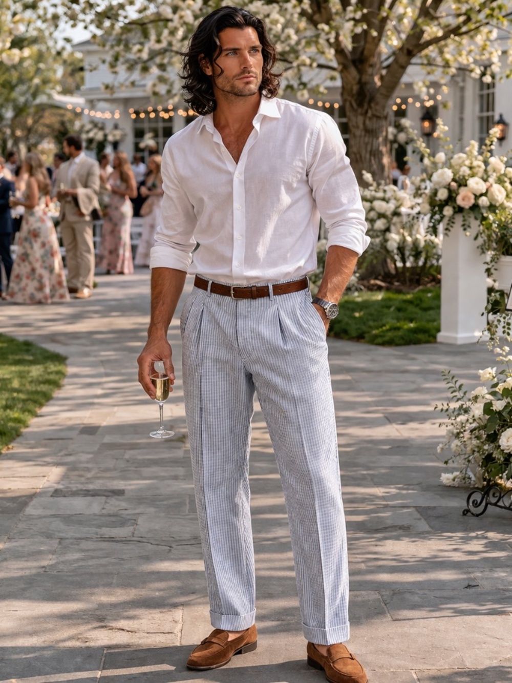 Brooks Brothers Seersucker Pants Blue Stripe Pleated Cuffed Wedding Vacation